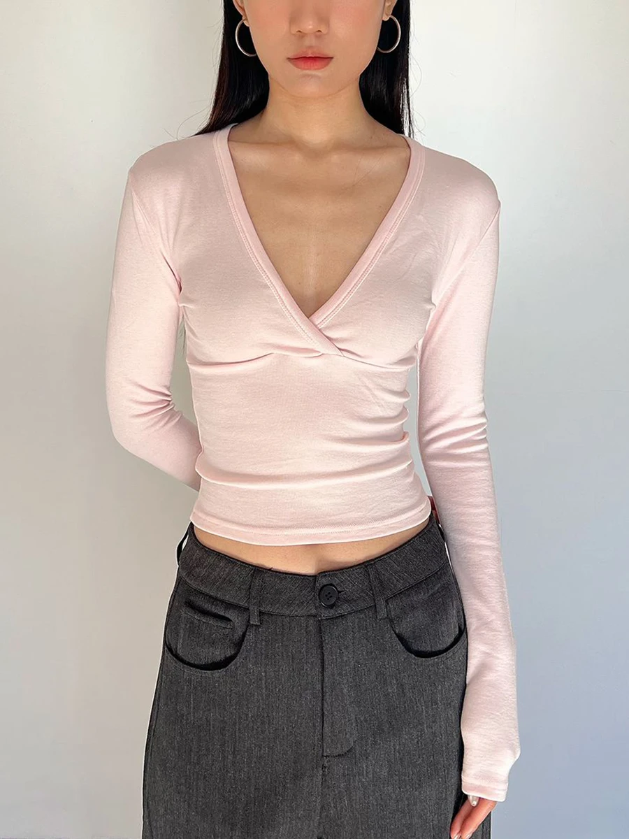 Kreuz V-ausschnitt Langarm T-shirts Frau Herbst Baumwolle Schlank Crop Top Weibliche Casual Einfache Feste Alle-spiel Grundlegende t-shirts Y2k Tops – Detail 6