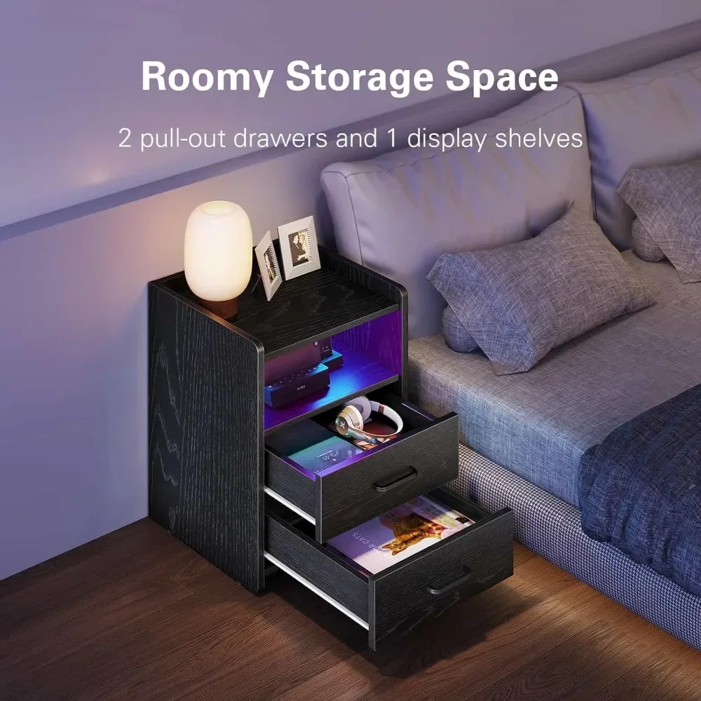 Nightstand with Charging Stake and LED Light Strip with 2 Drawers, Bedroom Side Table Nightstand