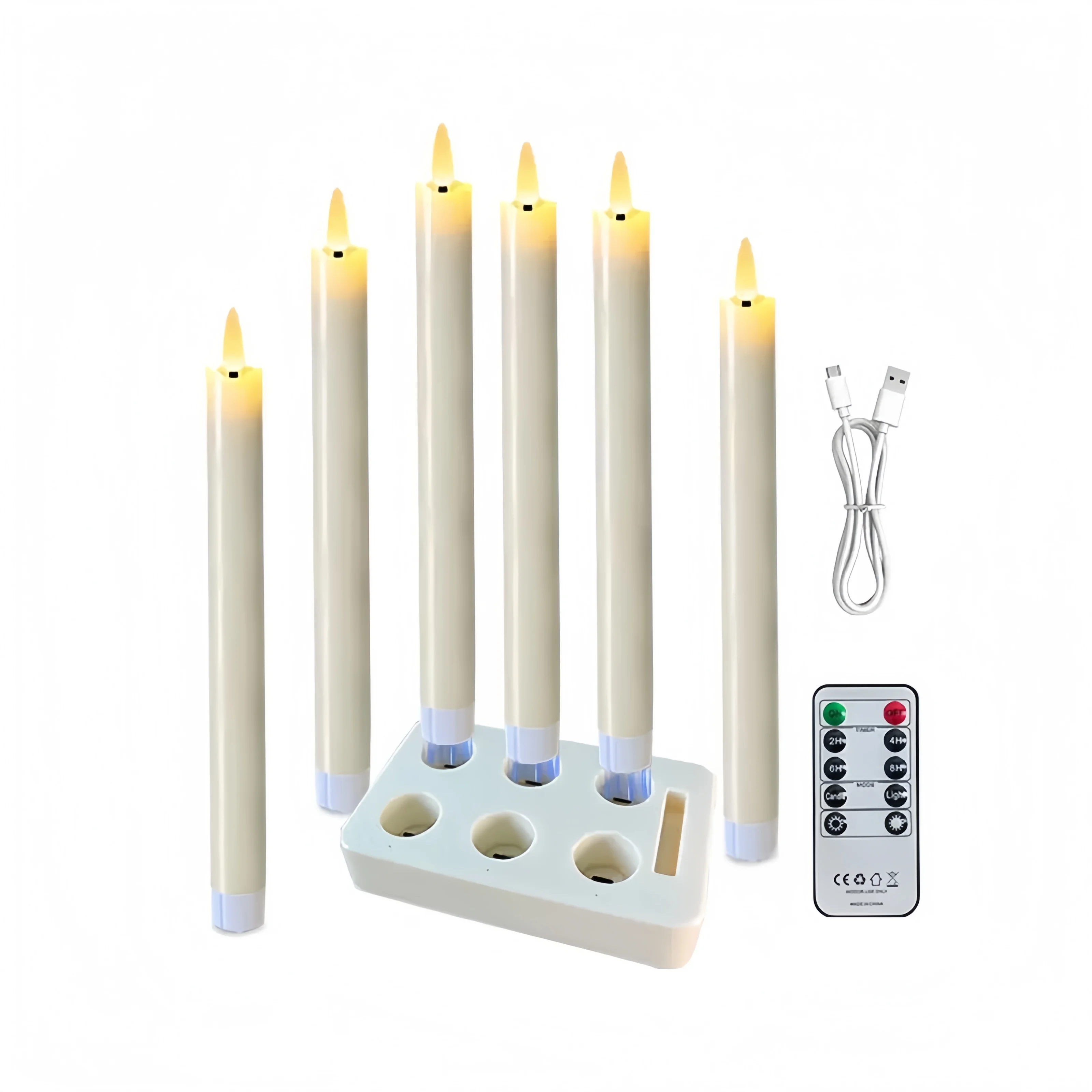 Pack of 6 Rechargeable Flameless Taper Candles 9.6' LED Paraffin Candlesticks Remote Controlled Candle Light with Charging Base