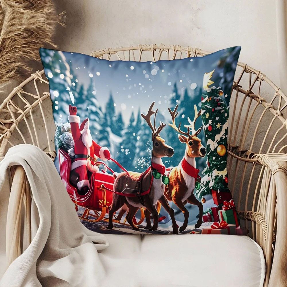 Square Throw Pillow Case Multicolor Santa Claus Sleigh Reindeer Snowy Forest Christmas Tree Print Decorative Cushion Cover For L