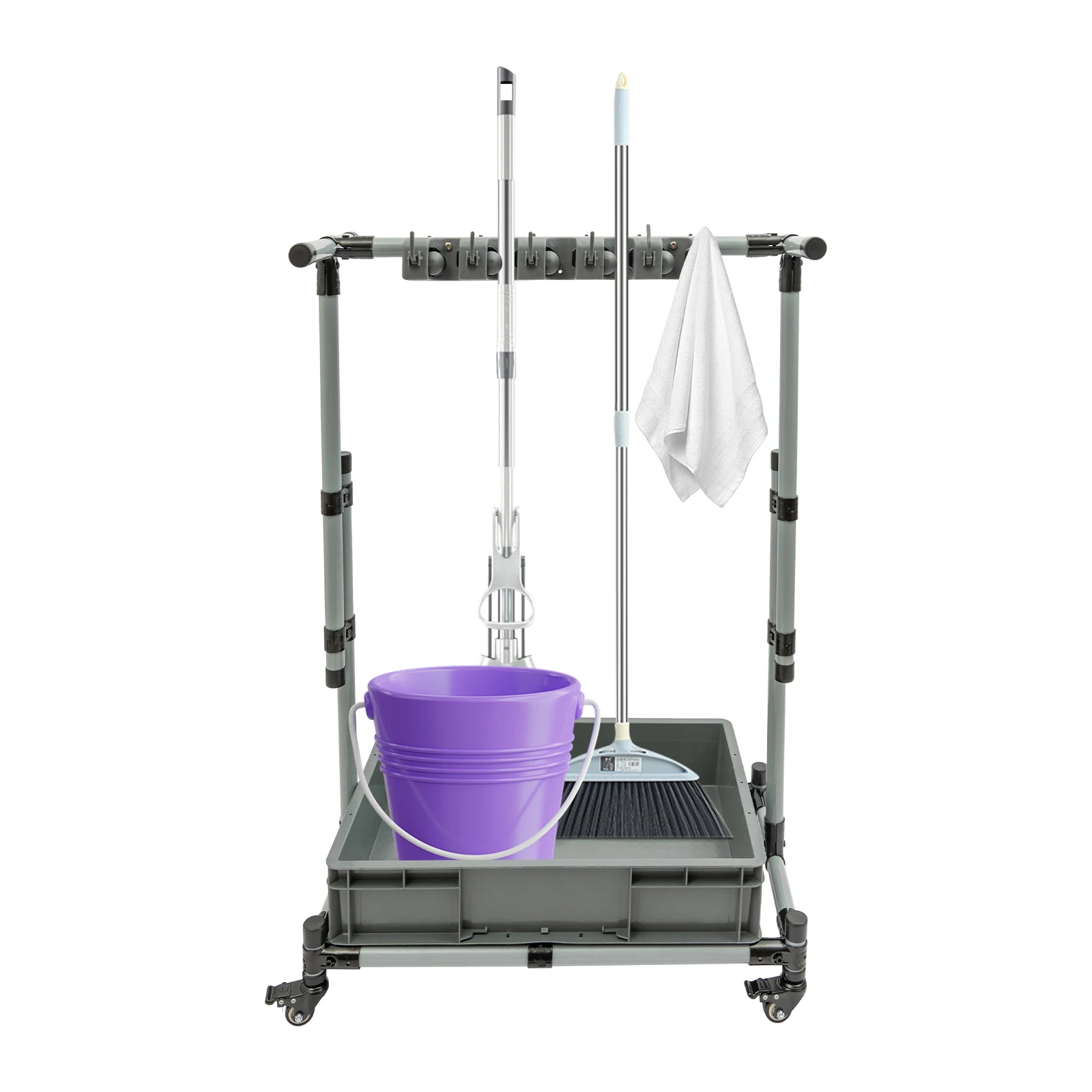 

Adjustable Garden Tool Organizer Yard Broom Storage Rack Stand 10 Slots with Elastic Wheels & 12 Foldable Hooks for Workshop