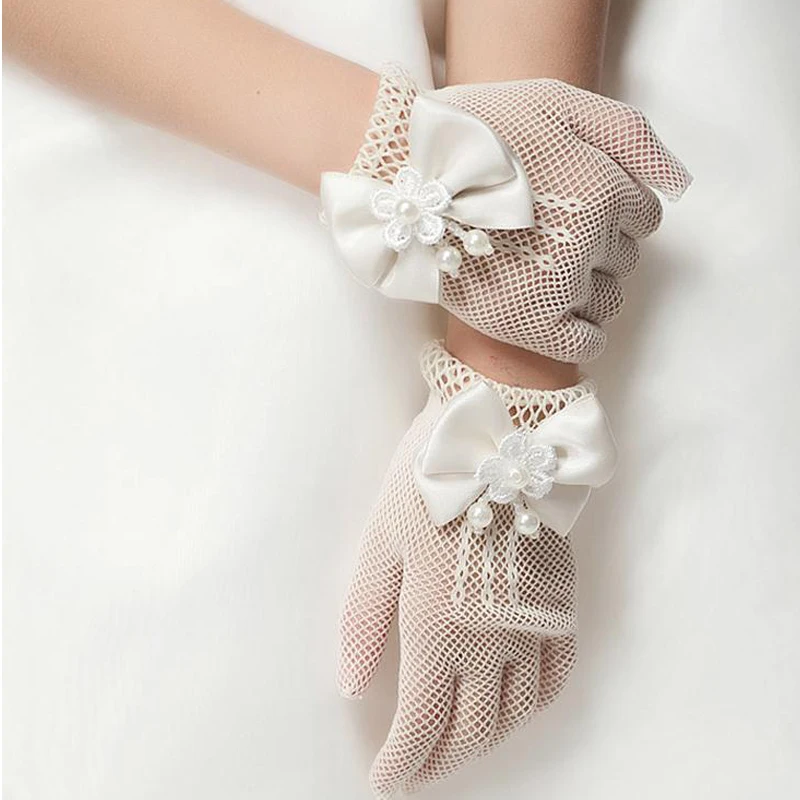 New 1 Pair Girls Kids White Lace Faux Pearl Fishnet Gloves Communion Flower Girl Bride Party Ceremony Accessories