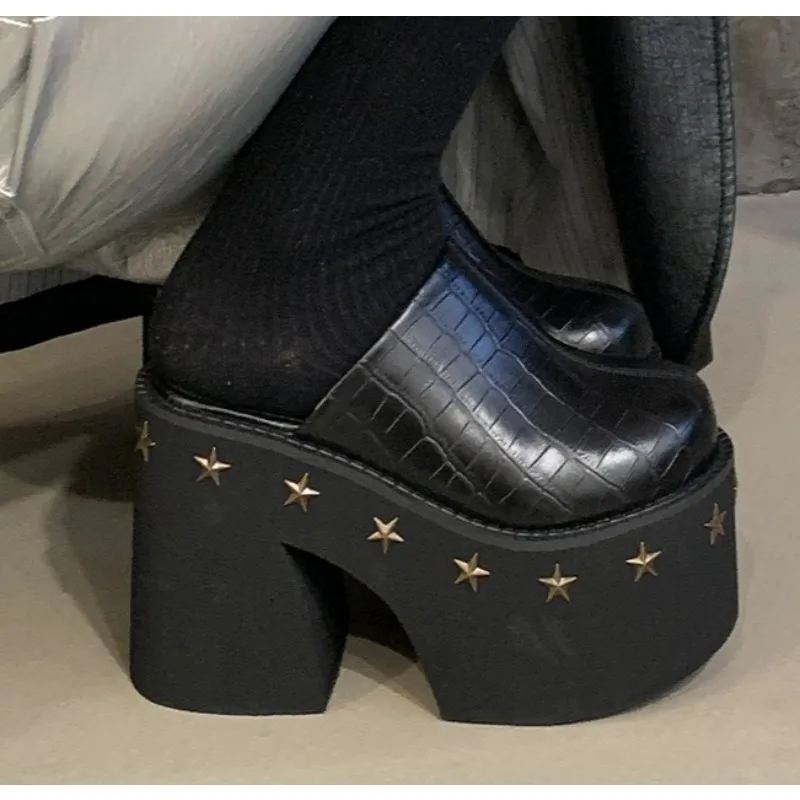 

New Women's Platform Black Gothic Closed Toe Chunky High Heels Slippers Rivet Slip on Punk Shoes Heel Height Thick Sole Shoes