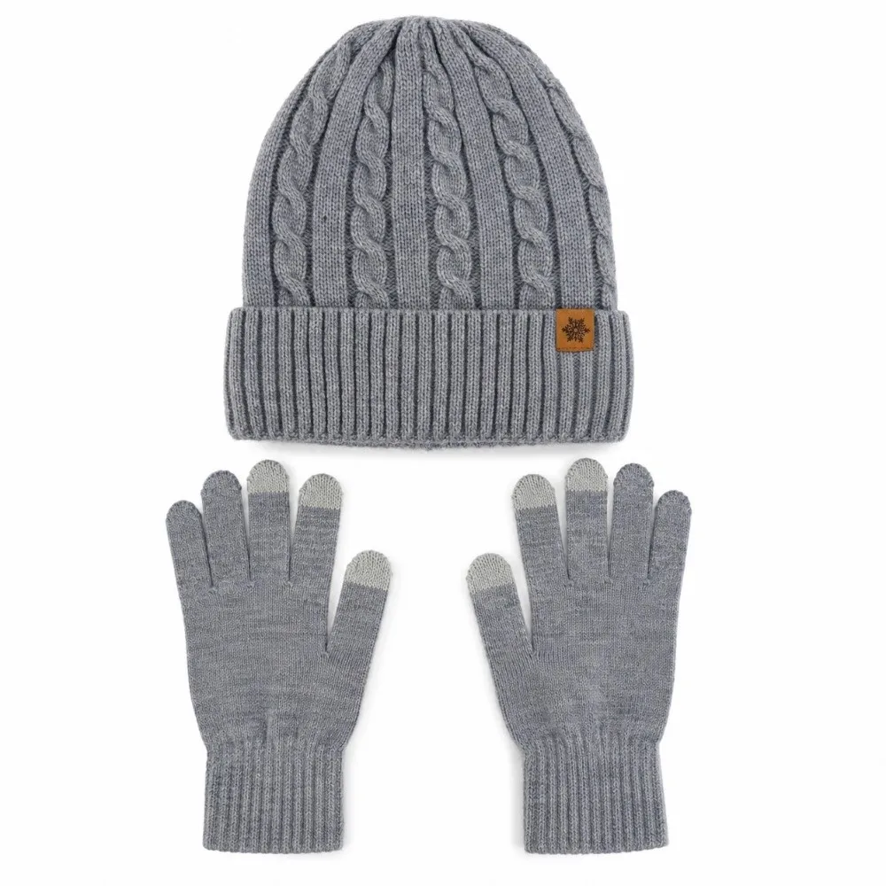 3Pcs/Set Fashion Warm Winter Hat Scarf Gloves Set Lining Non Slip Knit Beanie Snood Set Thicken Soft Touchscreen Gloves for Men