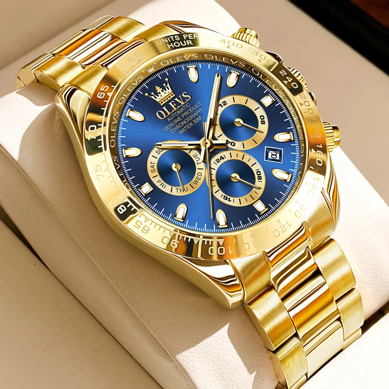 OLEVS Luxury Men's Automatic Mechanical Watch Blue Dial Full Gold Steel Strap Date Week Waterproof Luminous Male Wrist Watch
