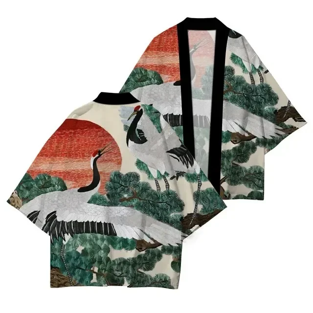 Chinese Style Print Beach Haori Harajuku Obi Shirt Oversize Men Cardigan Japanese Kimono Yukata Samurai Costume Asian Streetwear