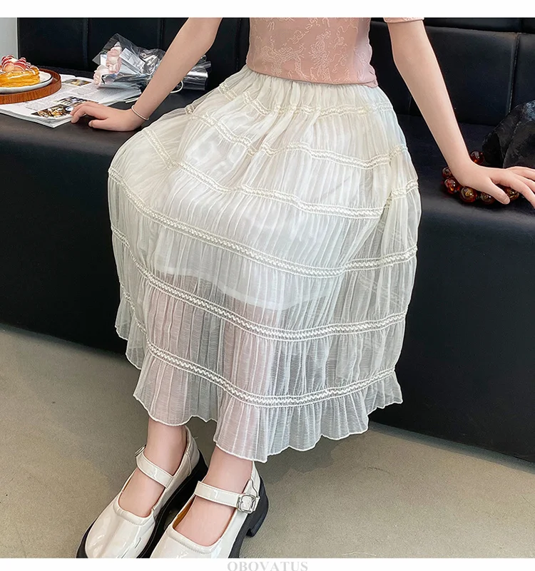 Langer weißer Spitzenrock für Mädchen, Teenager-Sommer-Tierock, Kinderkleidung mit hoher Taille, einfarbige Sommeroutfits für Kinder 5 7 9 13 14 – Detail 2
