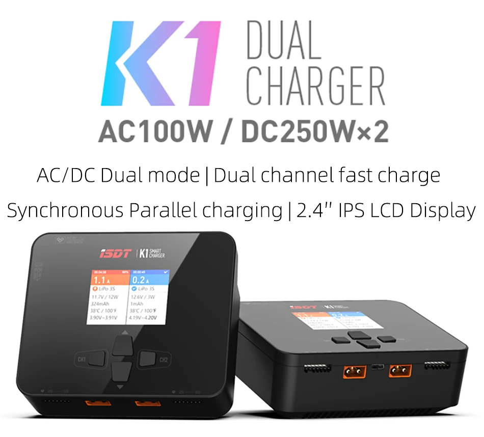 

ISDT K1 Dual Channel Balance Charger Discharger AC 100W DC 2×250W 10A×2 2.4” IPS Screen for 1-6S Lipo NiMH Pb Battery