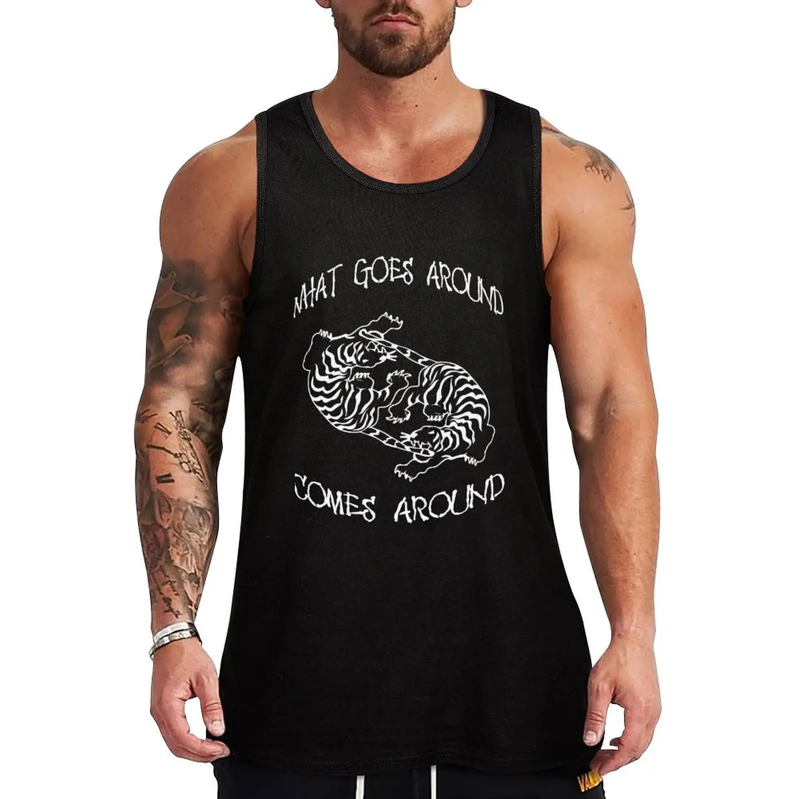 Karma Tiger Black what goes around comes around Tank Top Performance Stretch Tank Top Athletic Workout Wear