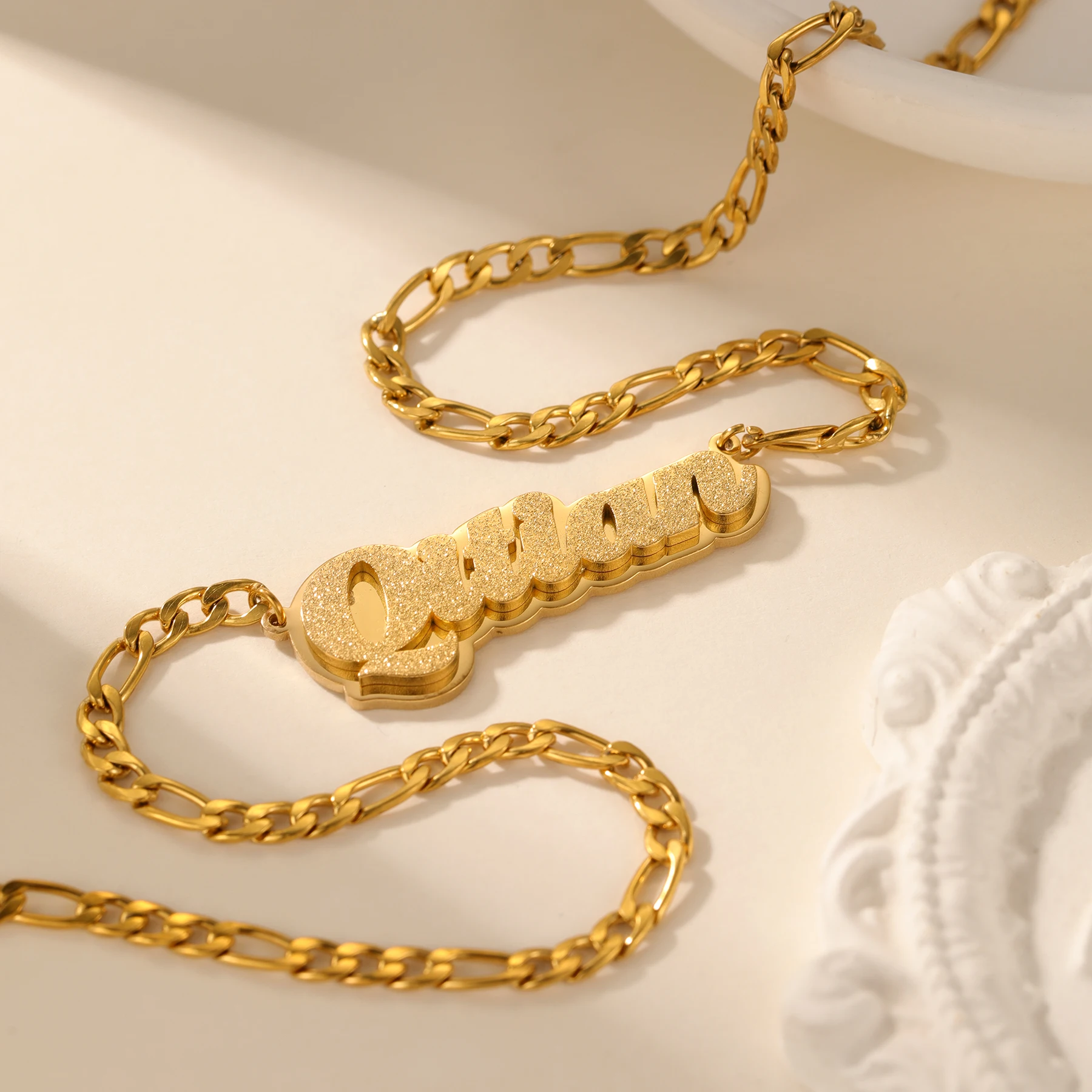 Personalized Double Layer Name Necklace for Women 18K Gold-Plated Stainless Steel Jewelry with Frosted Pendant Customizable Gift