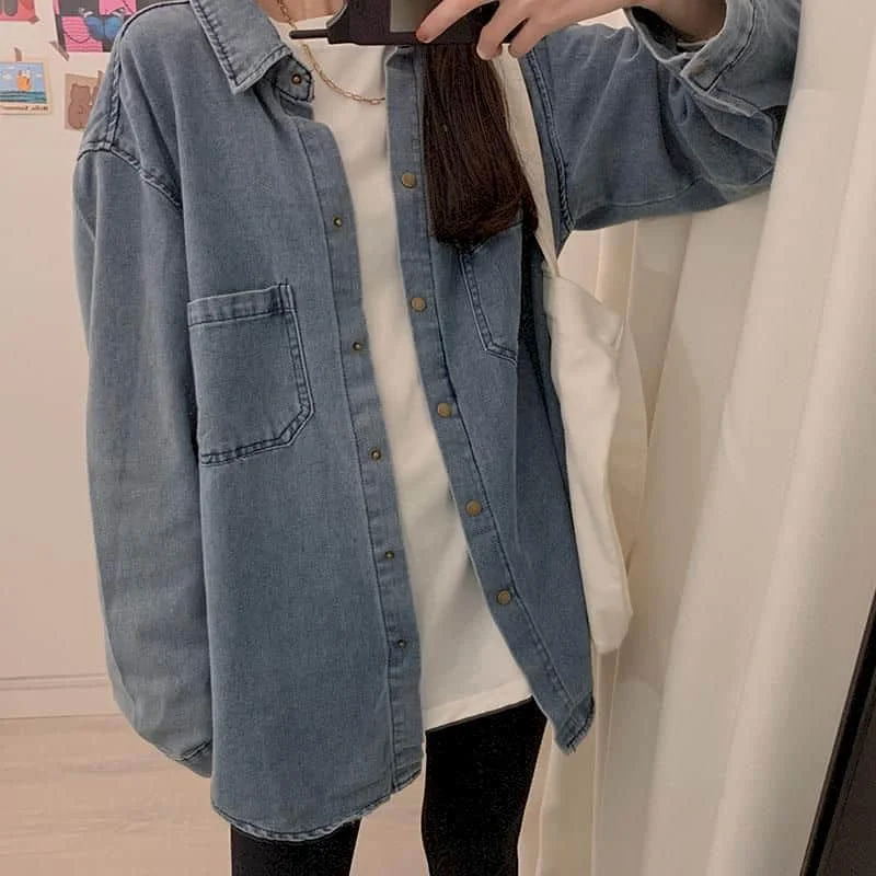 Oversize Denim Shirts and Blouses Women Loose Fit Denim Shirt Long Sleeve Blouses Regular Women Tops Clothes for Women Shirts