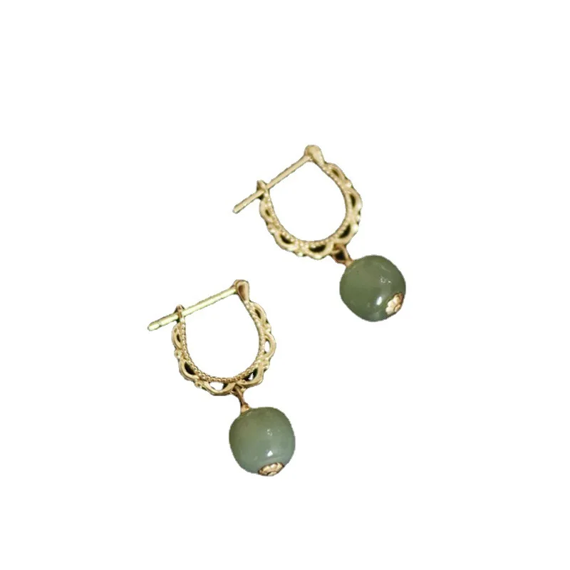 925 Plated Stamp Gold Color Hotan Jade Earrings for Women Girl Lace Fairy Gentle Palace Style Jewelry