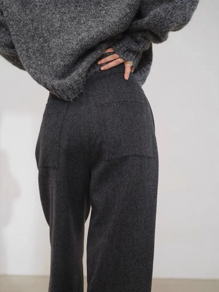 ハイウエストドレープスリムストレートレッグパンツディープグレーウールスーツワイドレッグパンツレディースファッション秋冬パンツ