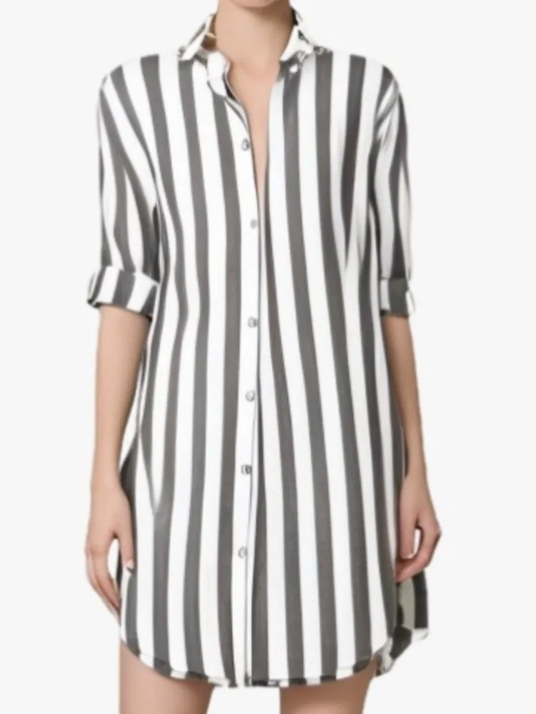 Camicia di lino in cotone a maniche lunghe da donna di nuovo arrivo primaverile Camicetta di media lunghezza con bottoni casual allentati con stampa a righe di moda