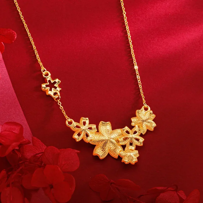 

9999 Real Gold 24K Sansheng Flower Set Chain Gold Premium Flower Clavicle Necklace Wedding Flower Necklace