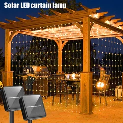 LED Solar Fairy Curtain Lights, impermeável, luzes de corda ao ar livre, decoração para quintal, jardim, pavilhão