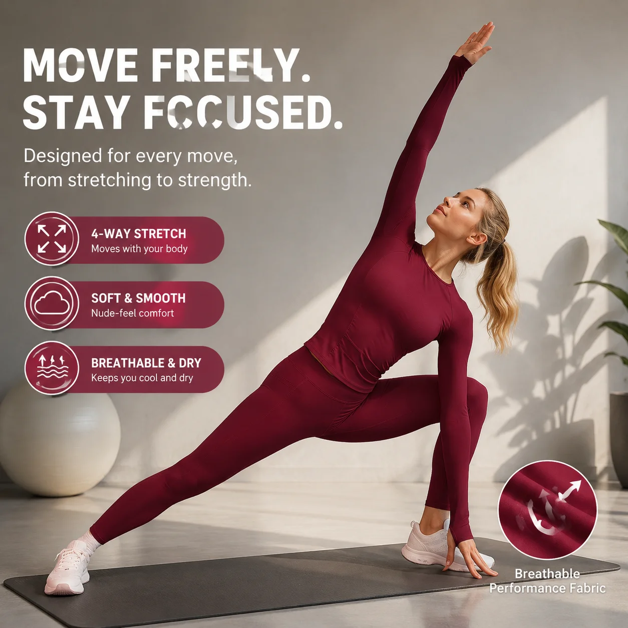 Women's Long Sleeve Top & High Waist Leggings Set - Nude-Feel Tummy Control Yoga Gym 2-Piece Suit, Multiple Colors, S-XL