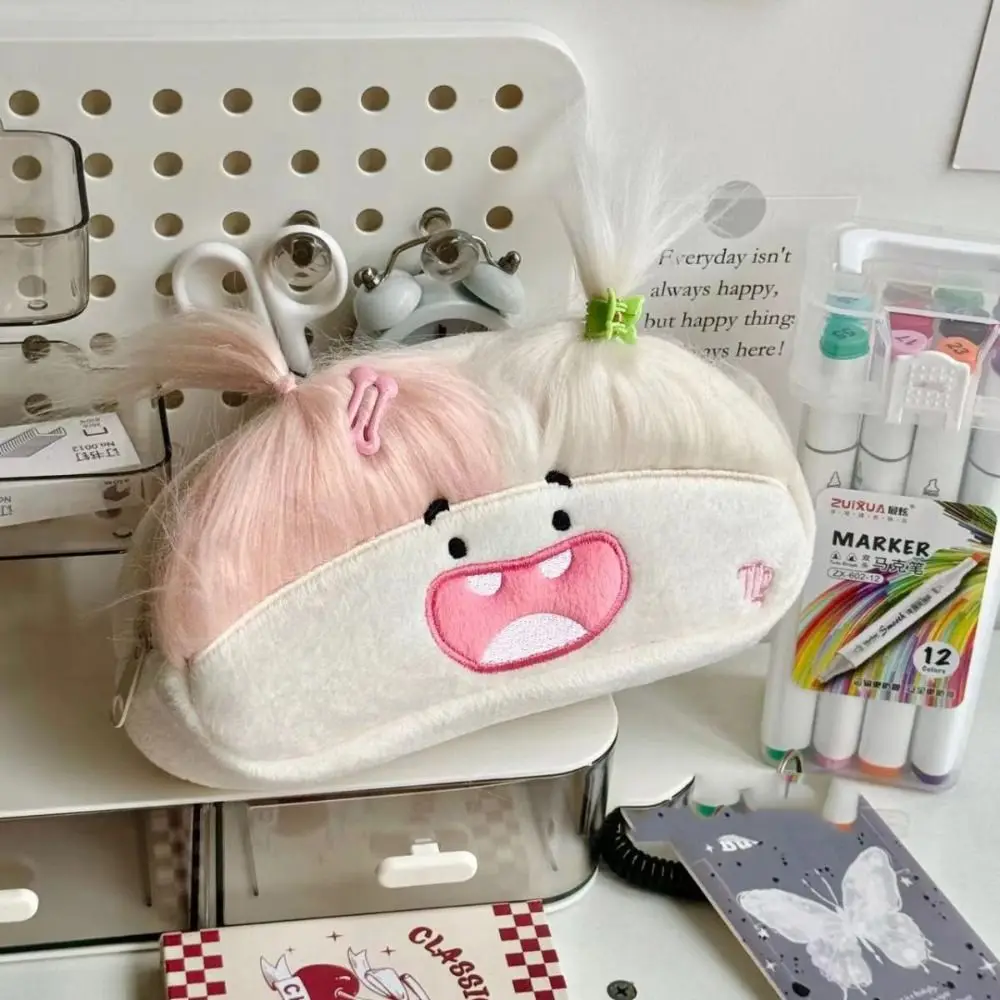 DIY Rambut Halus Rambut Afro Boneka Pena Tas Ritsleting Kawaii Tempat Pensil Lucu Kapasitas Besar Lembut Tas Pena Mewah Hadiah Anak-anak
