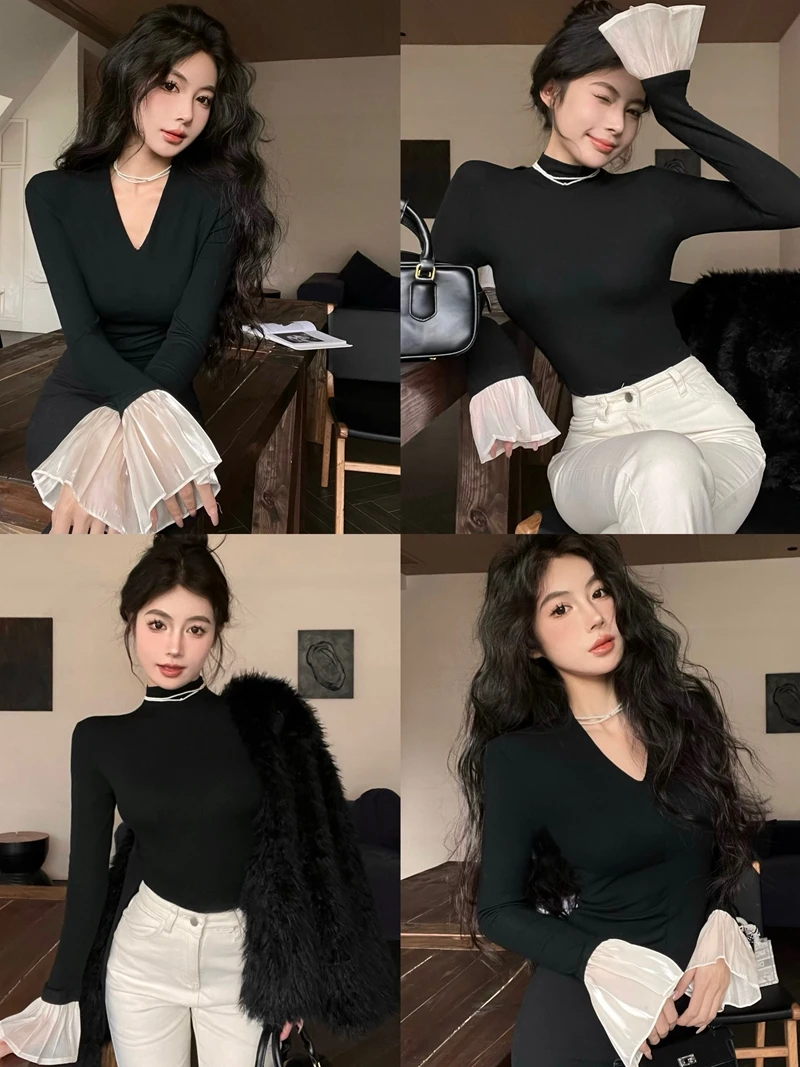 Chic Shoulder Padded V-neck Flare Sleeve Velvet Women Shirt Autumn Spring Long-sleeved Slim Cropped Tops Y2k Party Club