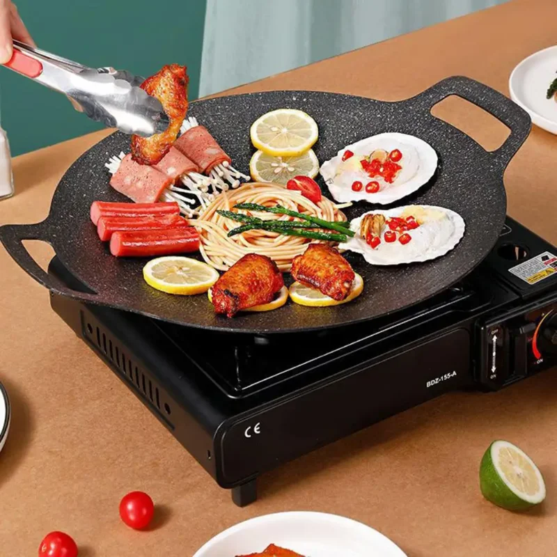 

Non-stick Roasting Pan Cast Iron Double Handled Crepe Pan Round Griddle Grill Pan for Korean BBQ Round BBQ Griddle with Handle