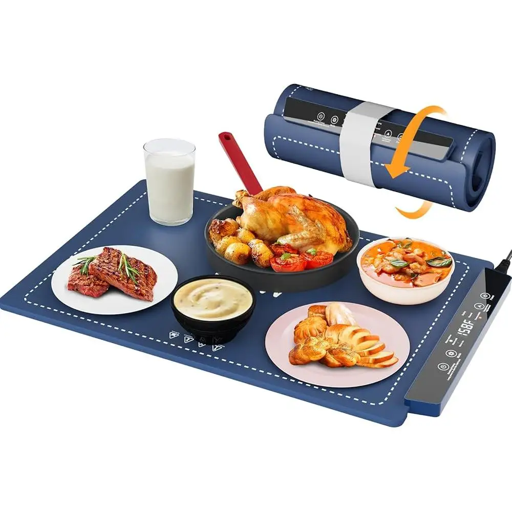 Electric Food Warming Tray Silicone Heat Mat with 8 Adjustable Temp Settings Fast Graphene Heating Compact Foldable Design Touch