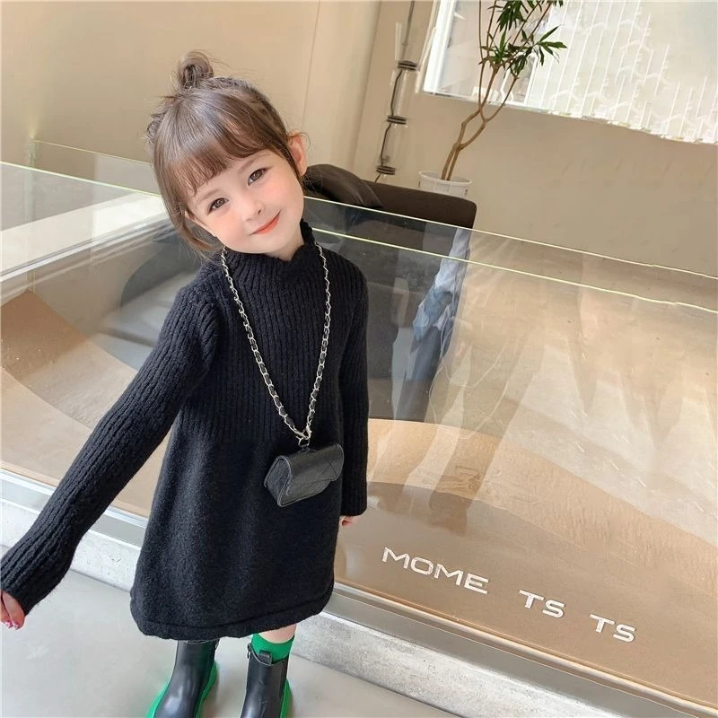 Kids' Autumn Winter Knit Dress 2025 New Korean Style Long Sleeve Thickened Versatile Sweater Dress 2