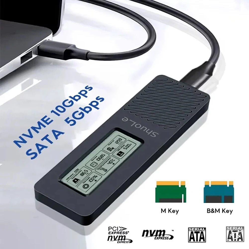 Scatola per disco rigido M.2 NVME/NGFF SATA Custodia SSD a doppio protocollo NVME SATA a USB3.2 Display digitale intelligente Custodia SSD PCI-E M.2