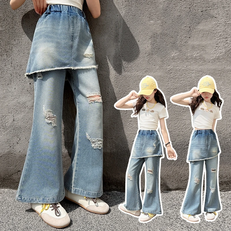 Girls' ripped hole jeans spring summer 2026 new teens children's fake two-piece ripped pants kids denim skirt pants