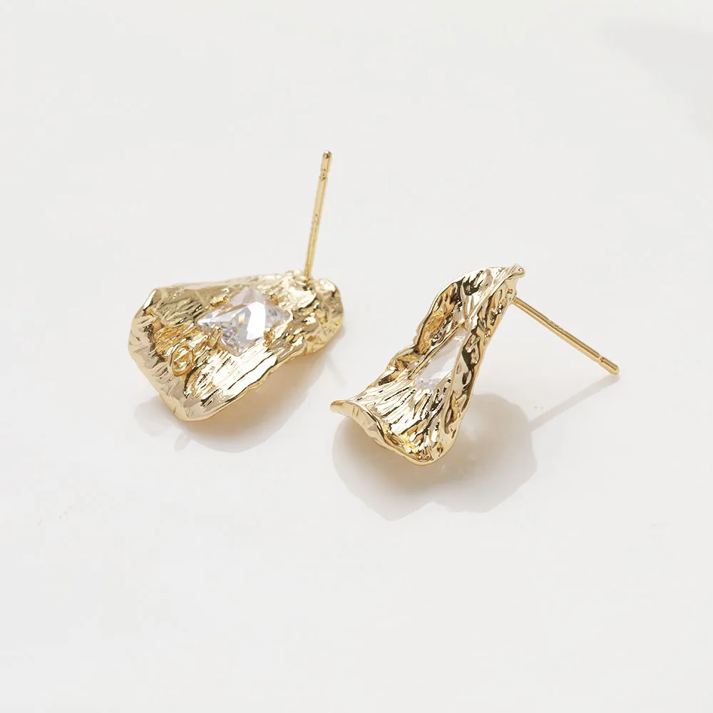 4PCS Irregular Ear Studs Cubic Zirconia Earrings for Jewelry Findings Components DIY Hand Made Brass 14k Gold Plated 13*19mm