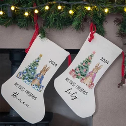 personalised Xmas Tree Rabbit Santa Claus sack 2024 Baby boy girl First 1st Christmas stocking Decoration gift Present Toy Bag