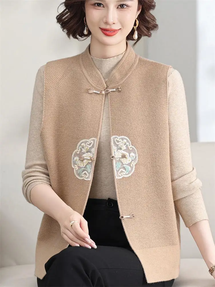 

Fashionable Sleeveless Sweater Vest Spring New Arrival for Mom Open Cardigan Top New Chinese Style Women's Trendy Shoulder Coat