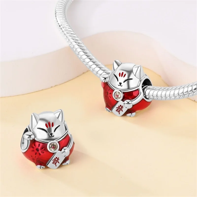 

925 sterling silver original red lucky cat ladies fashion charm beads DIY bracelet necklace engagement birthday jewelry gift