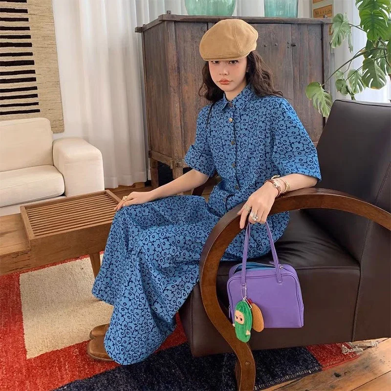 Chemise à manches courtes pour femmes, imprimé Floral bleu, combinaison à revers, simple boutonnage, ample, polyvalente, pantalon à jambes larges, corée