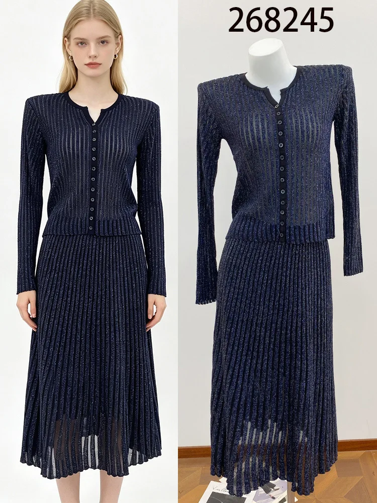 2026 Early Autumn Lady Hollow Out V-neck Long Sleeve Single-breasted Cardigan Pleated Midi Skirt Shiny Yarn Ribbed Knits 2pcs