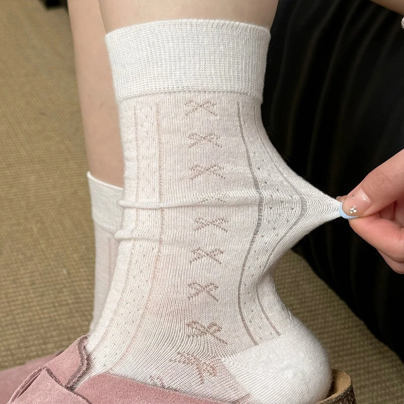 

5 Pairs Women's Spring Summer Long Socks Set Woman Bow-Tie Mid-Calf Cotton White School Socks for Girls Ankle Socks High 2025
