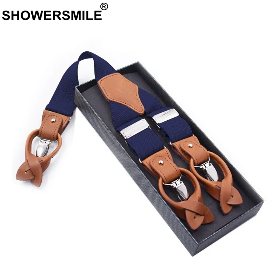 SHOWERSMILE Men Suspender Clips Solid Red Shirt Braces Leather Elastic Male Wide Suspenders 3.5cm Khaki Blue Black Coffee