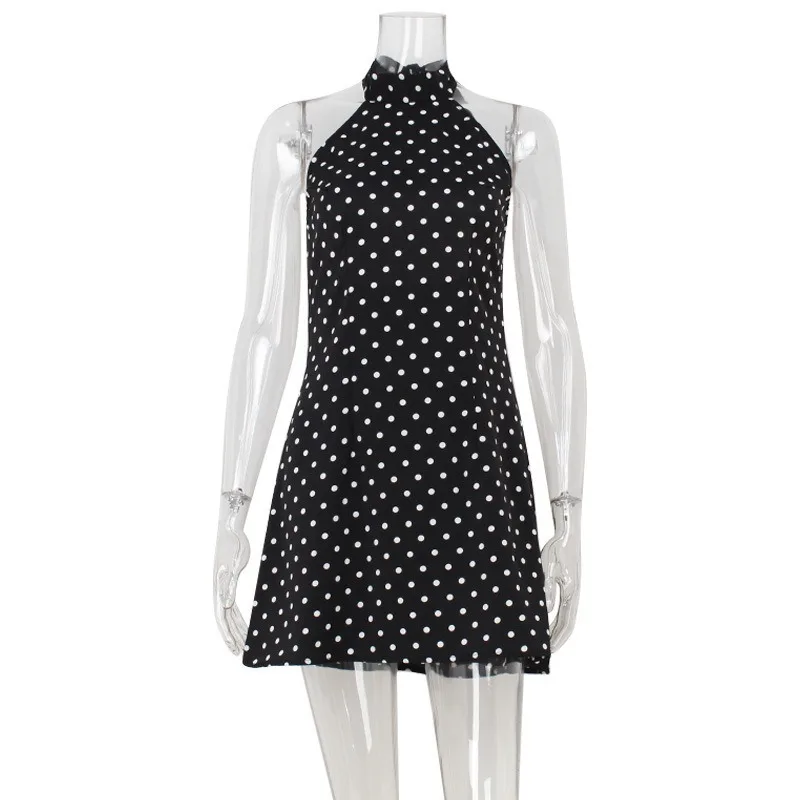 

Temperament French Neck Halter Slim Fit Fashionable Polka Dot Printing Sexy A-word Dress