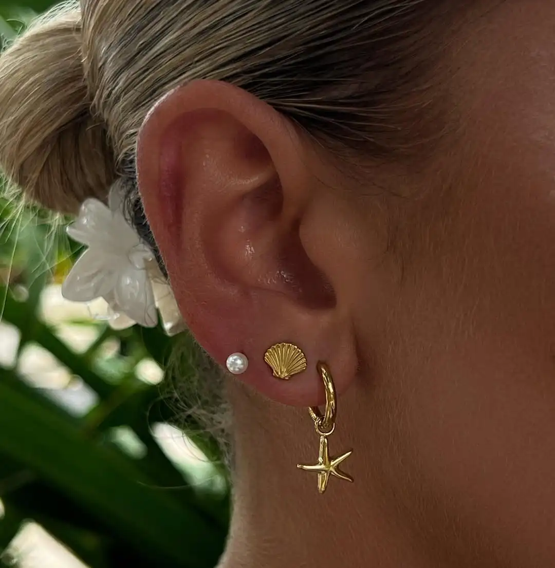 

AIKOER 3-Pair Earring Set 18K Gold Color Plated Stainless Steel Ribbed Shell Smooth Sea Star Pendant Pearl Earrings Women's Jewe