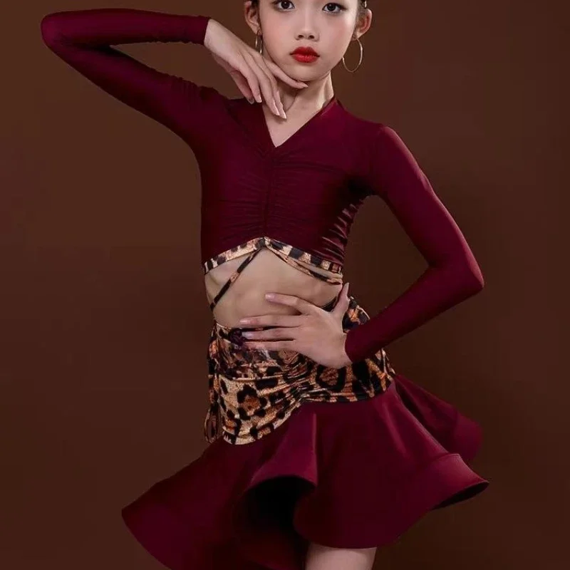 جديد اللاتينية ملابس رقص للفتيات الأطفال ليوبارد طباعة طويلة الأكمام تنورة قصيرة تشا تشا سوينغ أداء الرقص مجموعة زي #4