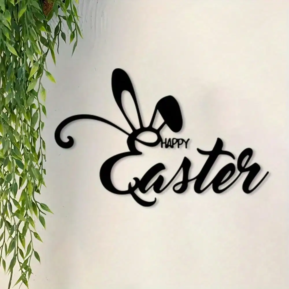 CIFbuy Vintage Easter Metal Wall Art Powder Coated Iron Rabbit Sculpture Happy Easter Sign Festive Home Decor Kids Room Ornament
