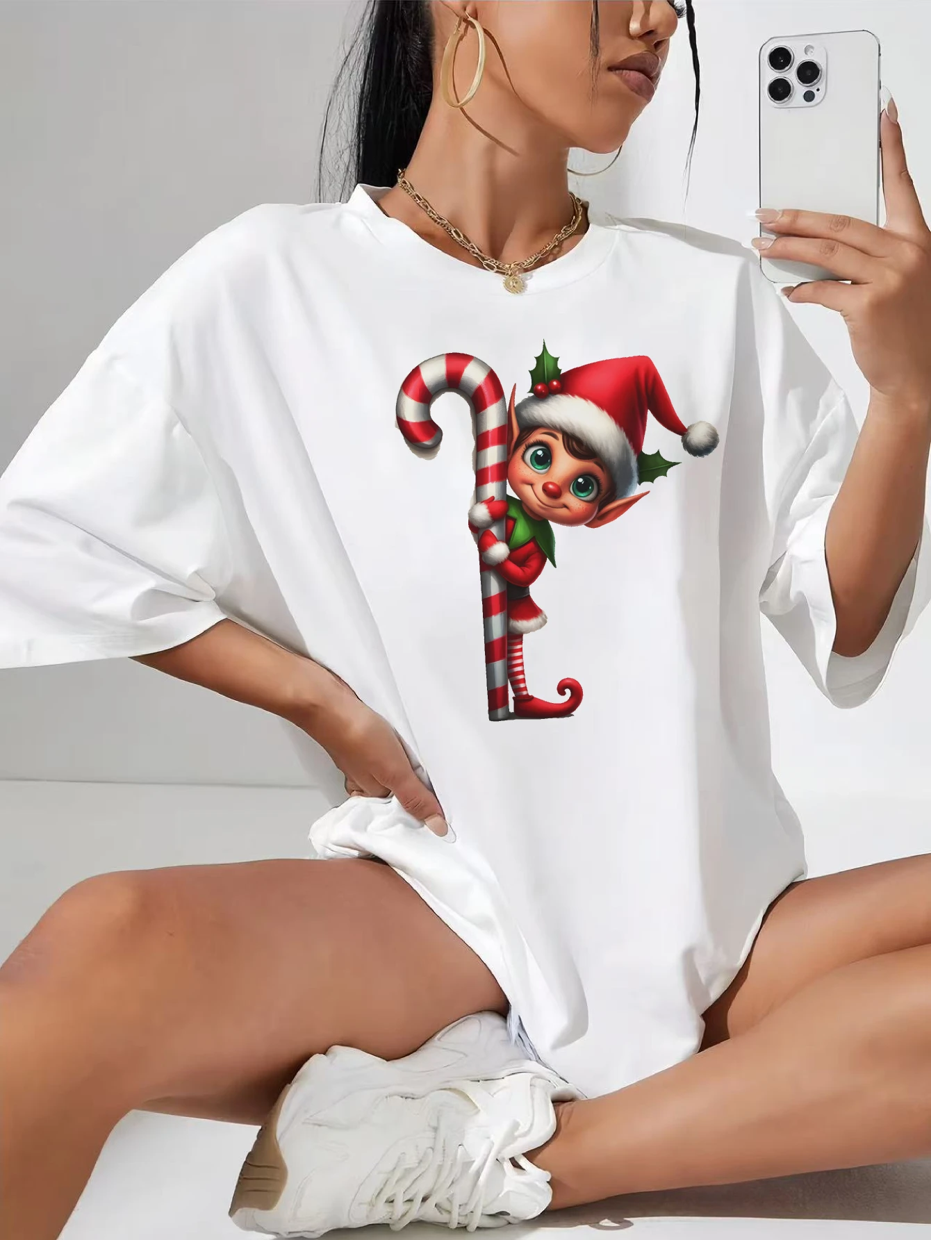 

Christmas Characters peeking around Winter Cotton T-Shirt for Women Plus Size White Cozy Christmas Casual Wear for Pregnancy
