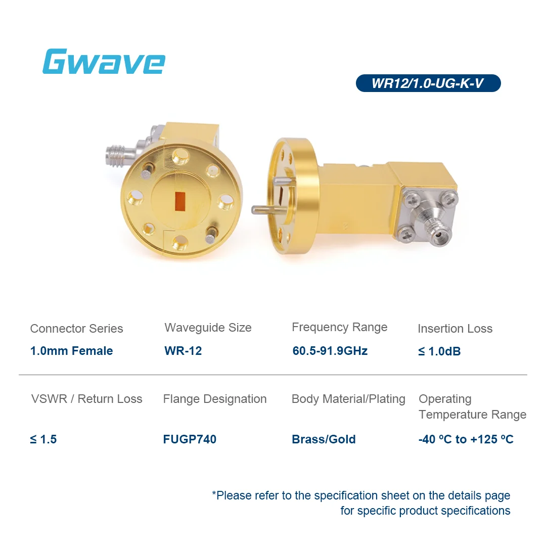 Gwave WR-12 1.0mm Female Type End Waveguide Coaxial Adapter FUGP/Flange 60.5-91.9GHz Telecom 50 Ohm VSWR 1.5 Insertion 1dB RoHS