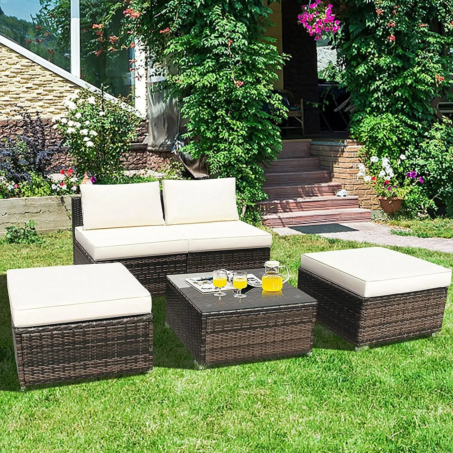 Chaise Lounge Set com Otomano e Coffee Table, Outdoor Rattan Wicker Chair, Daybed Conversa Sofá Set com Almofadas