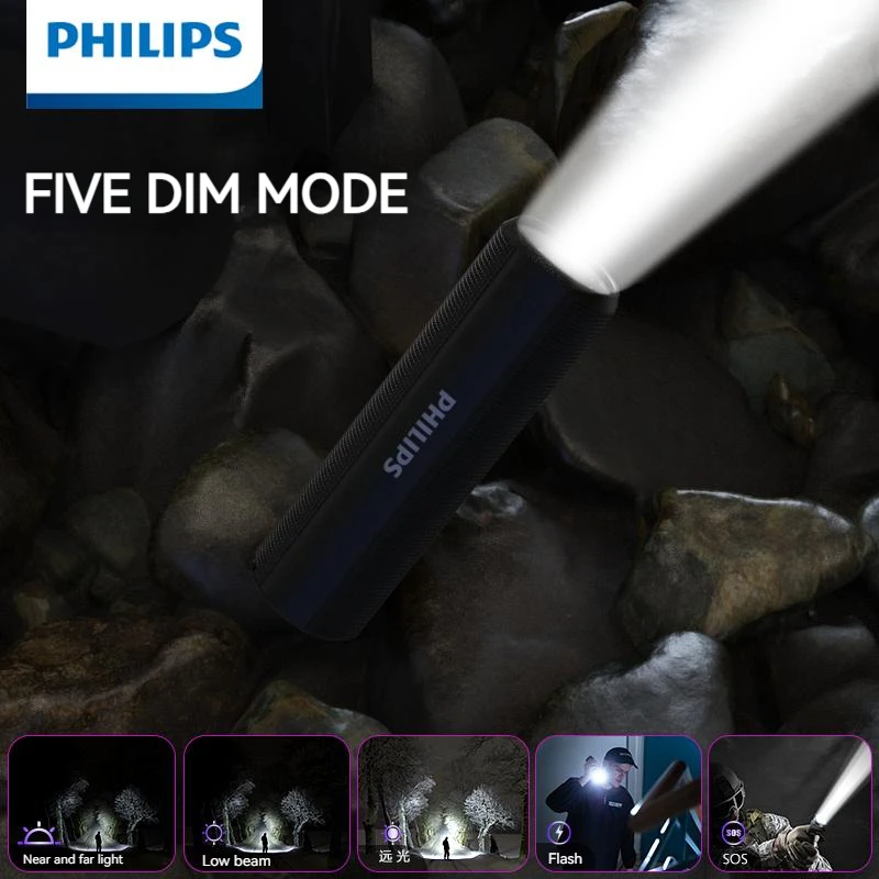 Philips Flashlight High Power with Type-C Charging 18650 Battery 4 Lighting Modes LED Flashlight Camping Light for Self Defense