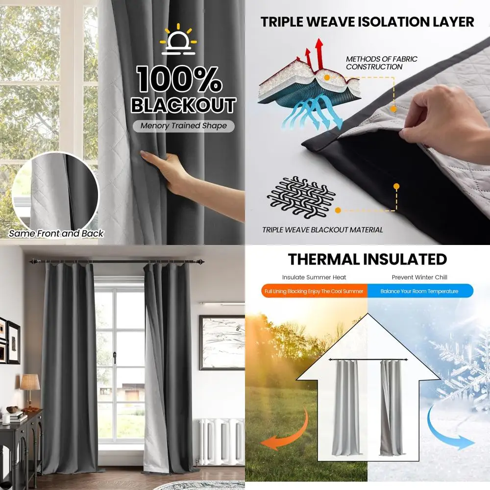 

Шторы блэкаут 3-в-1, 84 дюйма в длину - термоизолирующие, звукоизоляционные, с креплением на петлях для спален и гостиных, с крючками-шпильками