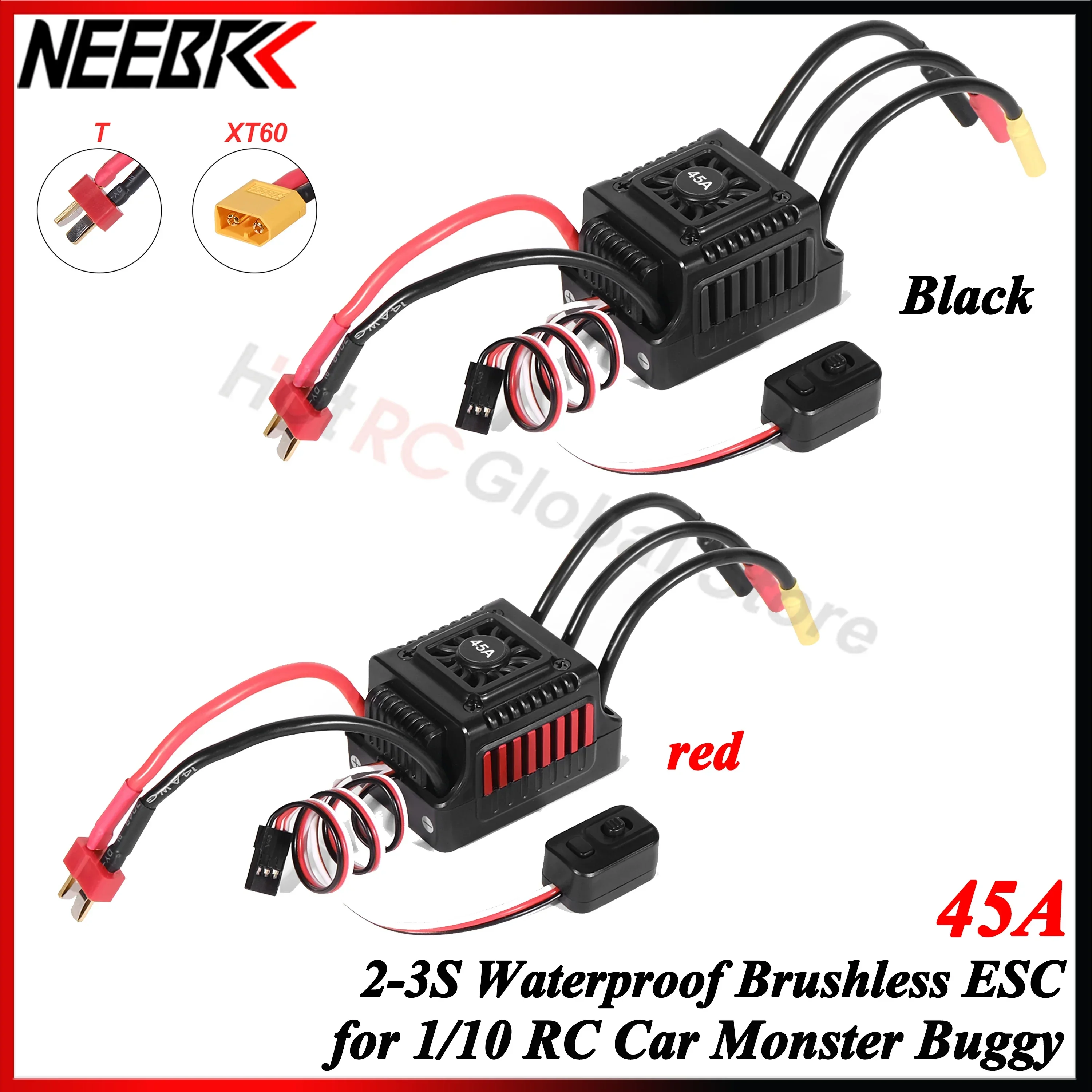 NEEBRC 45A T/XT60 Plug 2-3S Waterproof Sensorless Brushless ESC for 1/10 RC Off-road Car Crawler Monster Buggy on-road Toy Parts