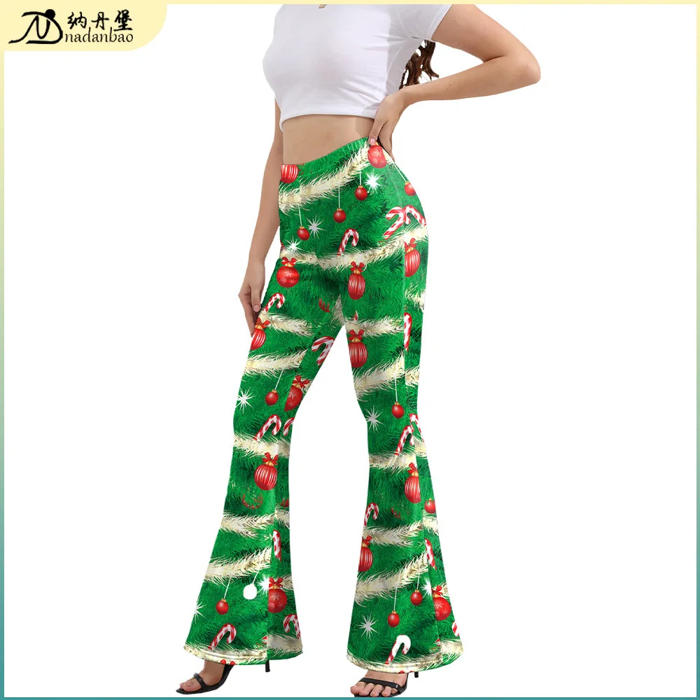 2024 New Product: Pants, Women's Christmas Candy, Green Digital Printing, Fashion And Casual Bell Shaped Pants