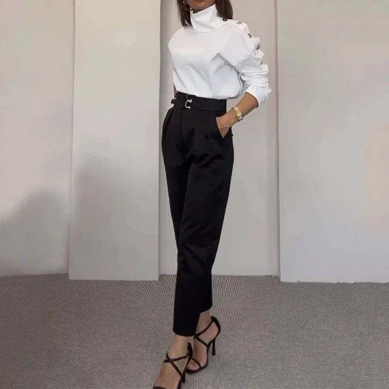 Two Piece Sets Women Oblique Shoulder Pants Set Turtleneck Solid Regular Full Sleeve Slim Fit Long Pant High Waist 2024