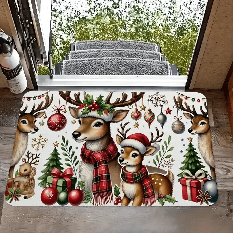 Winter Xmas Entry Rug Adorable Family Reindeer Plaid Scarf Christmas Ornament Gift Box Design Farmhouse Floor Mat