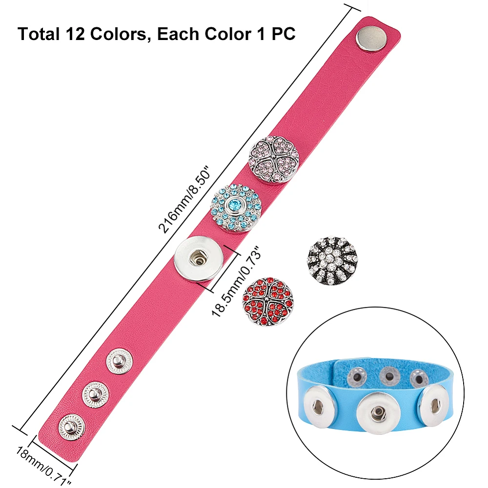 12 Colors Snap Charm Bracelet Bangle for 18mm Snap Button Jewelry Snap Bracelet Wristbands Adjustable Jewelry 8.5in long